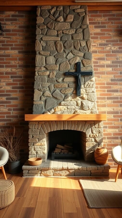 A cozy living room featuring a stone fireplace with a wooden mantel, surrounded by brick walls and simple decor.