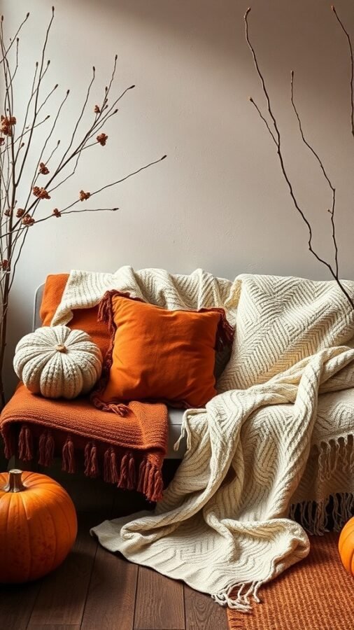 Cozy fall decor with layered textiles, pumpkins, and warm colors