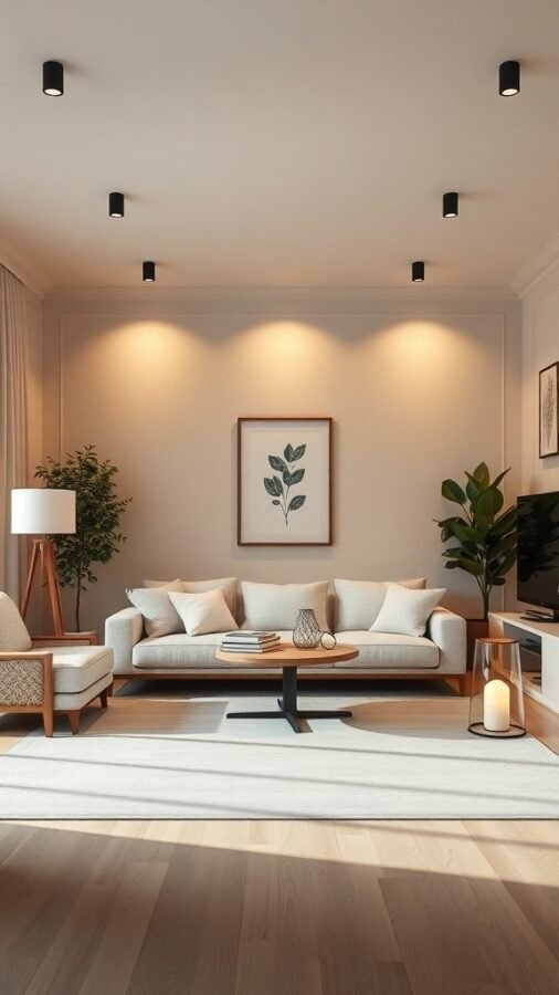 A minimalist living room with smart lighting, featuring recessed lights, a cozy sofa, and a decorative plant.