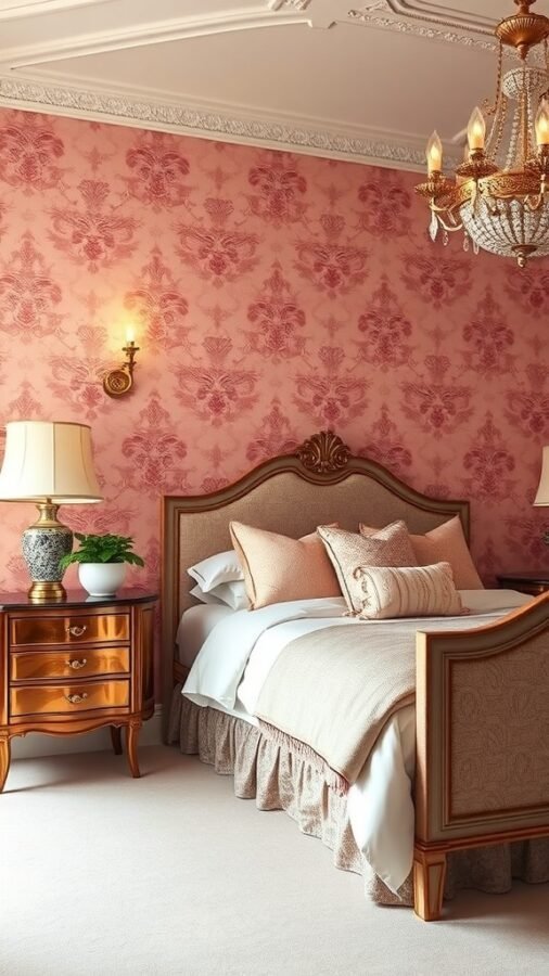 A luxurious bedroom featuring classic damask pink wallpaper, elegant furniture, and warm lighting.