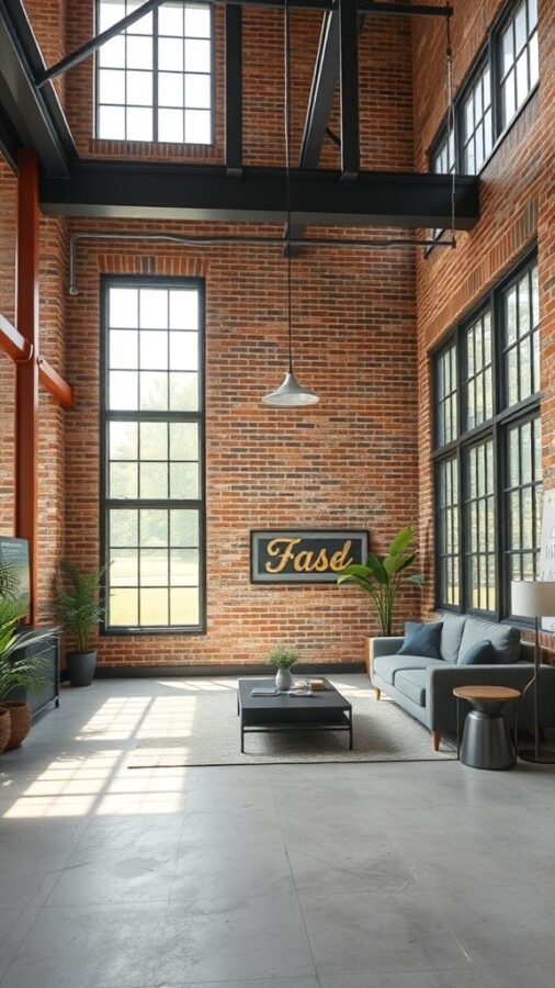 Modern industrial living room with exposed brick walls, large windows, and minimalist furniture.