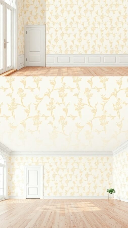 A bright room with floral-patterned white wallpaper and wooden flooring.