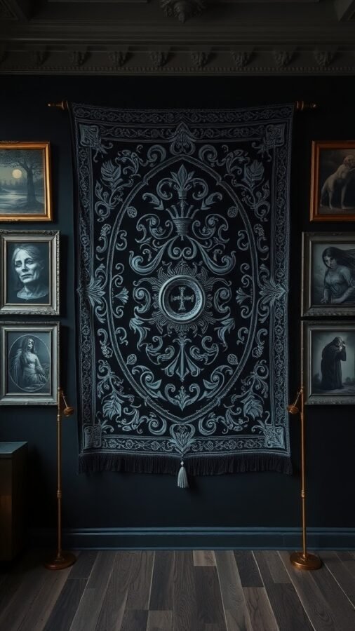 A gothic tapestry with intricate designs hanging on a dark wall, surrounded by framed portraits.