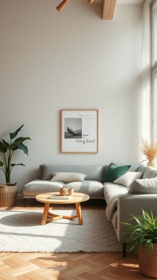 A cozy Nordic living room with a gray sofa, wooden flooring, and plants.