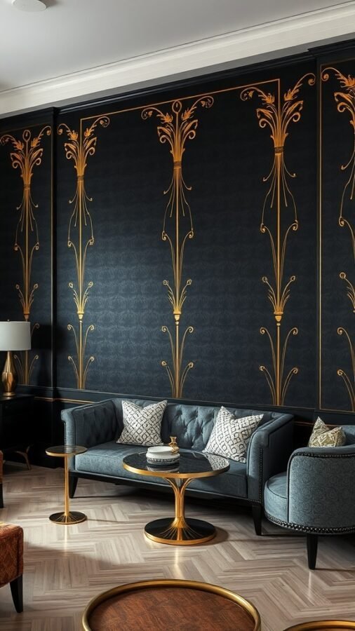 Interior featuring black wallpaper with gold foil details, stylish furniture, and elegant decor.