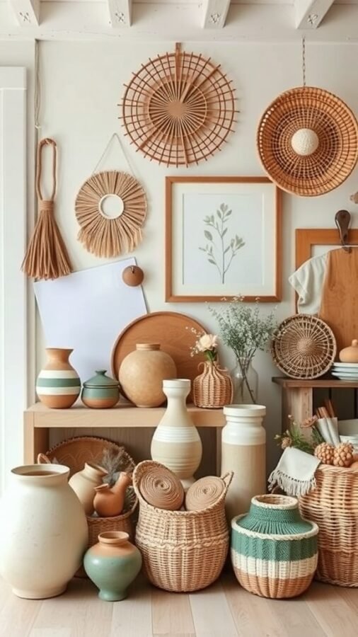 A collection of artisanal and handmade decor items including woven baskets, ceramic vases, and wall art.