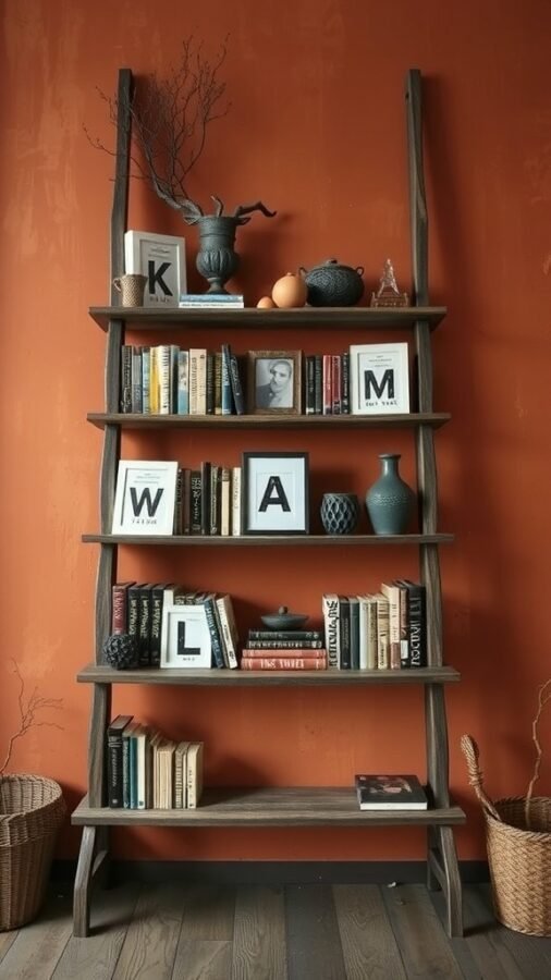 A rustic ladder bookshelf against an orange wall, filled with books and decorative items.