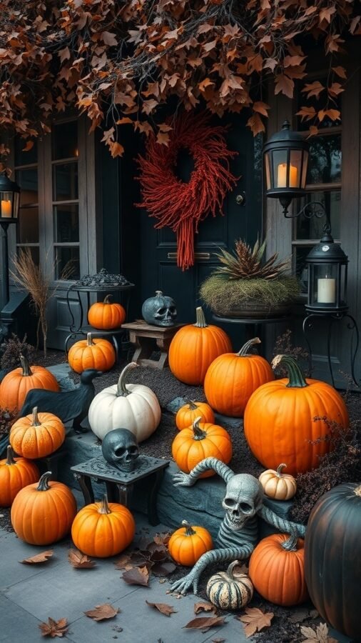 A gothic fall decor scene featuring pumpkins, skulls, and autumn leaves on a porch.