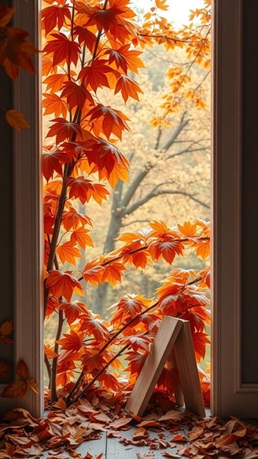A cozy window view with vibrant orange leaves framing the scene, creating an autumn atmosphere.