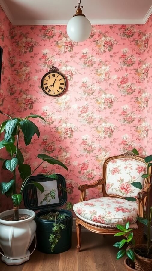 A cozy corner with pink floral wallpaper, a vintage chair, and potted plants.