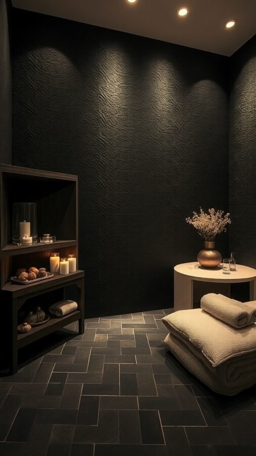A serene spa setting featuring textured black wallpaper, soft lighting, candles, and a cozy arrangement.