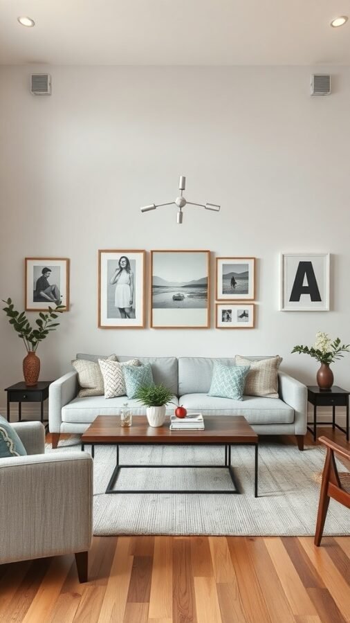 Neutral living room with gray sofa, wooden coffee table, and framed artwork on the wall.