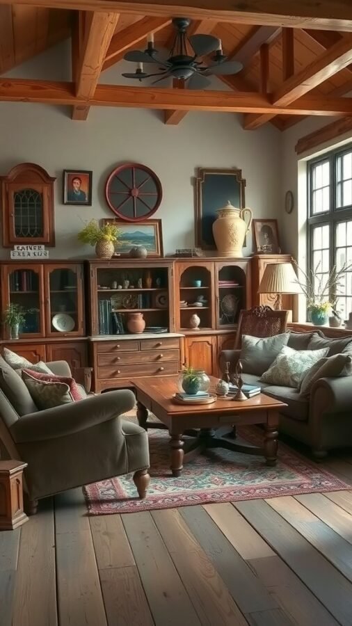 A warm rustic living room featuring vintage furniture and antiques, with a cozy atmosphere.