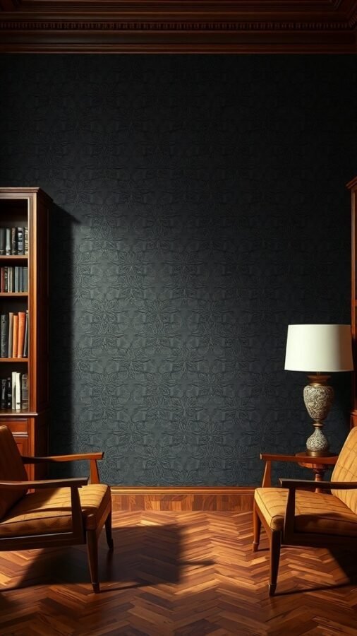 A cozy room with black wallpaper featuring subtle patterns, wooden furniture, and a warm atmosphere.