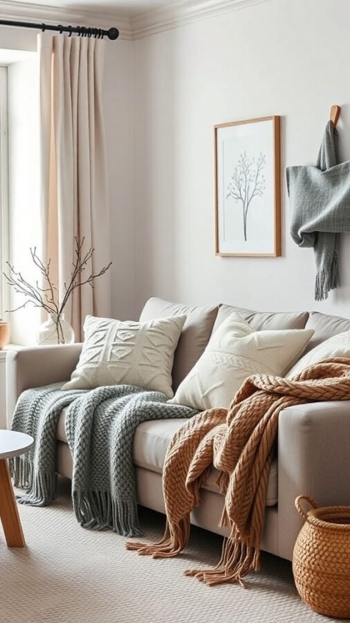 A cozy Nordic living room with a sofa covered in knitted throws and decorative pillows, complemented by light curtains and a woven basket.