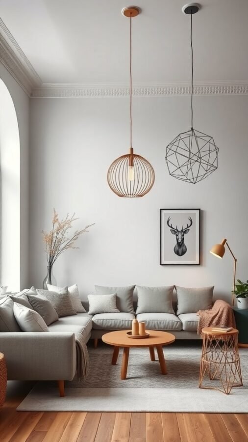 A modern Nordic living room featuring two statement lighting fixtures: a wooden pendant light and a geometric metal light.