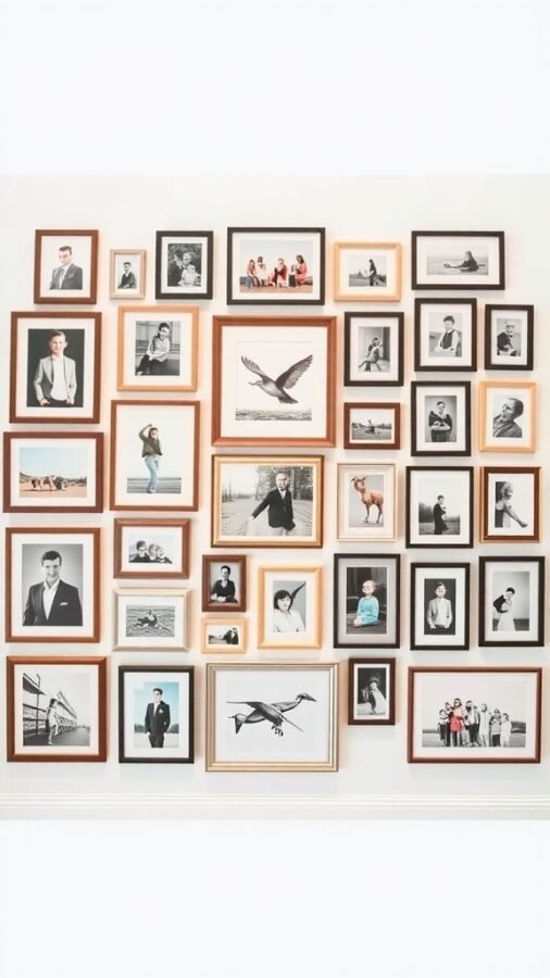 A collage of framed black and white photos arranged on a wall, showcasing a variety of subjects and styles.