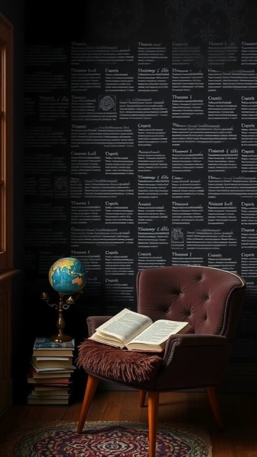Cozy reading nook with black wallpaper, plush chair, open book, and a globe