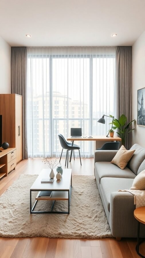 A modern living room with a sofa, coffee table, and workspace by the window.