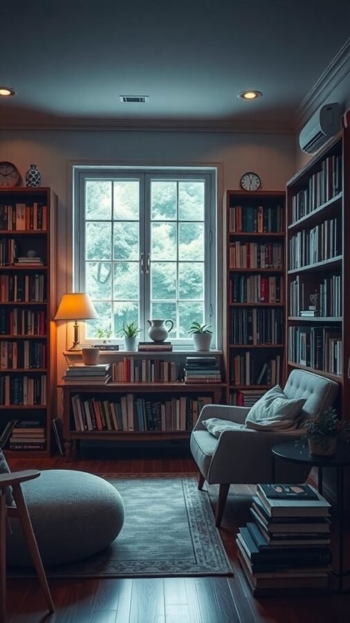 A cozy reading nook with bookshelves, a comfortable chair, and a warm lamp by the window.