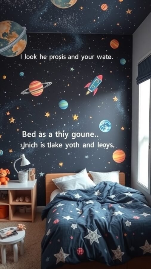 A cozy bedroom with a space-themed wallpaper featuring planets and a rocket.