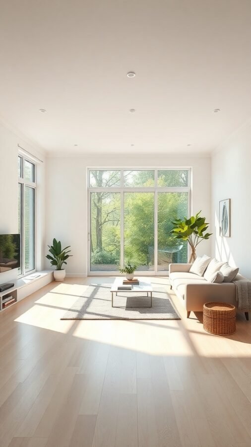 A bright minimalist living room with large windows, plants, and simple furniture.
