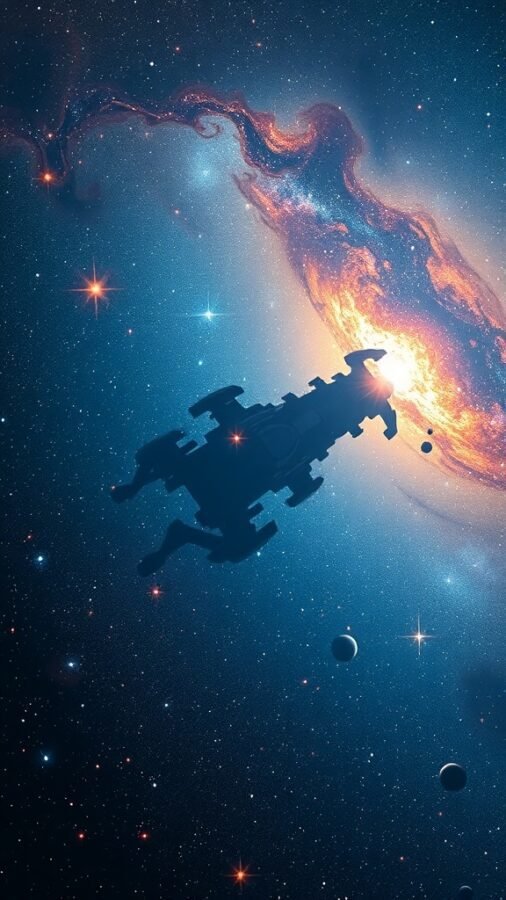 A silhouette of a spaceship in front of a colorful galaxy with stars and planets.