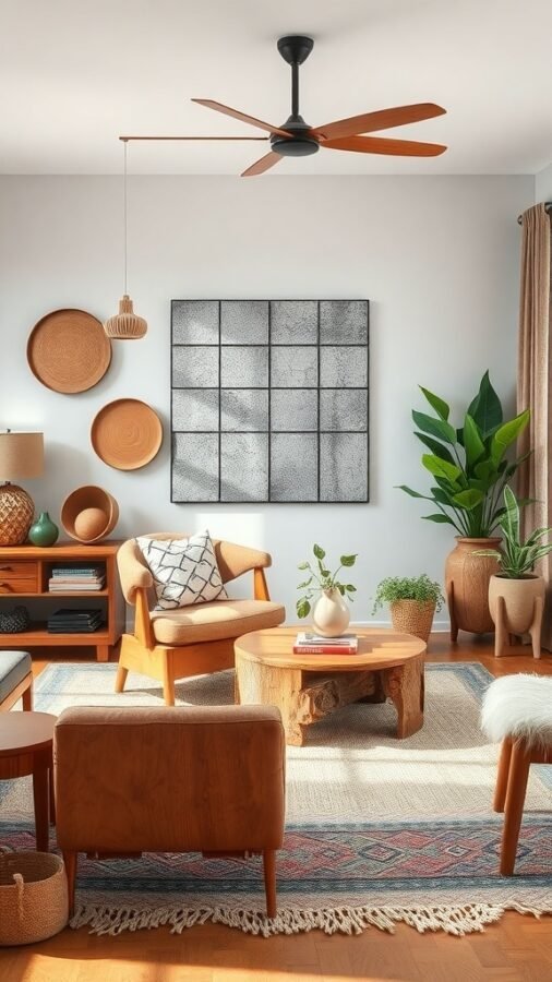 A cozy Nordic living room featuring wooden furniture, plants, and natural textiles.