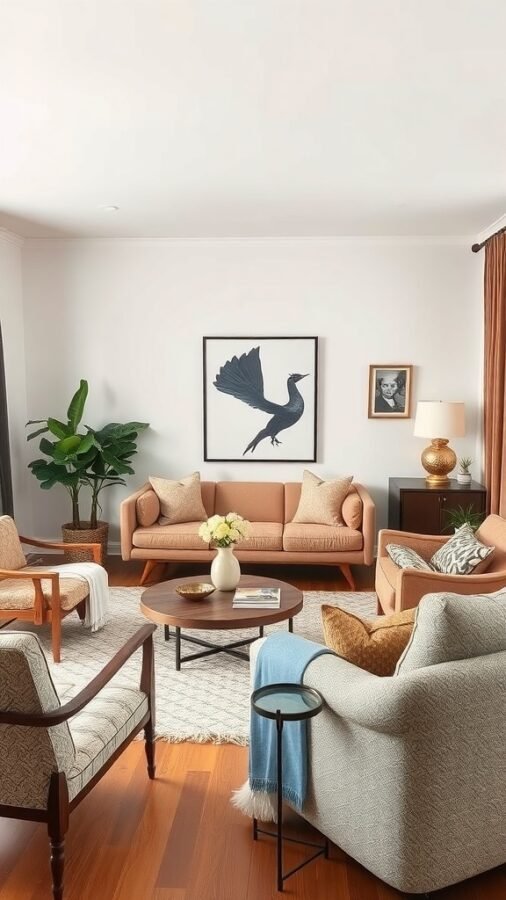 A cozy living room featuring a mix of vintage and modern furniture, with warm tones and contemporary artwork.