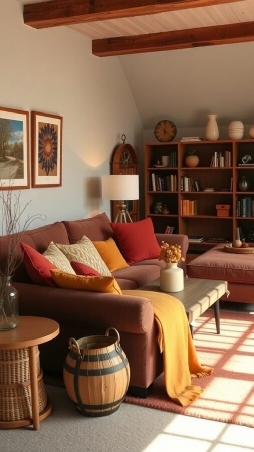 Cozy living room with warm color palette, featuring a brown sofa, colorful pillows, and wooden furniture.