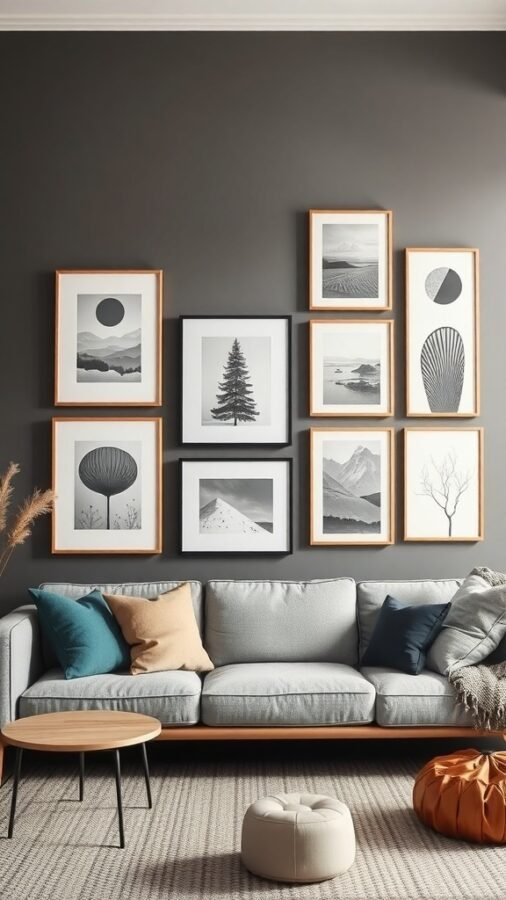 A Nordic living room featuring an artistic wall display with black and white framed prints on a dark wall, complemented by a light sofa and colorful cushions.