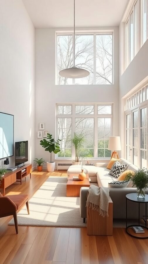 A bright living room with large windows, natural light, and earthy decor.