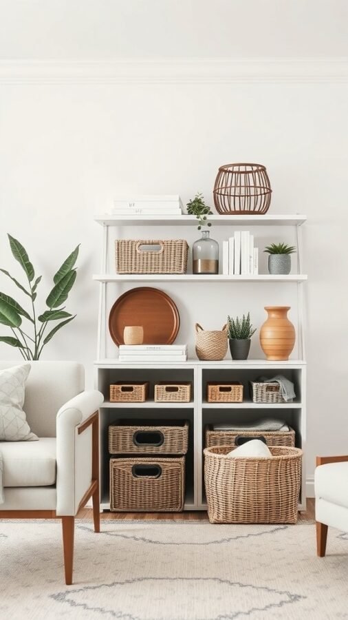 A stylish neutral living room with a white shelving unit displaying books, decorative items, and woven baskets.