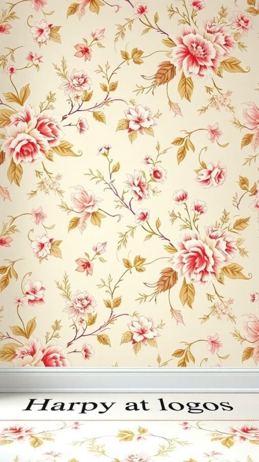 Vintage floral wallpaper featuring pink roses and delicate vines on a beige background.