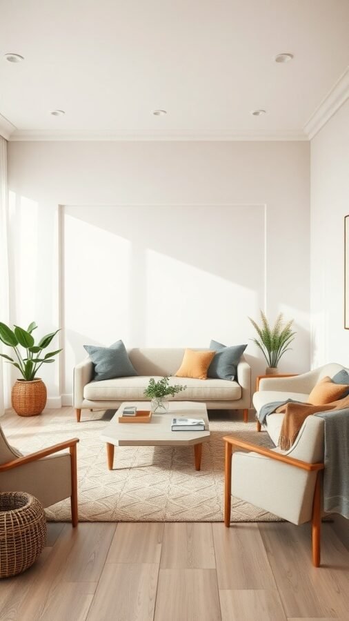 A neutral living room with earthy color palettes featuring light beige walls, a soft sofa with blue and orange cushions, wooden furniture, and plants.
