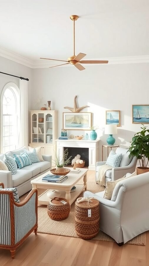 A coastal inspired living room featuring soft hues, comfortable seating, and nautical decor.