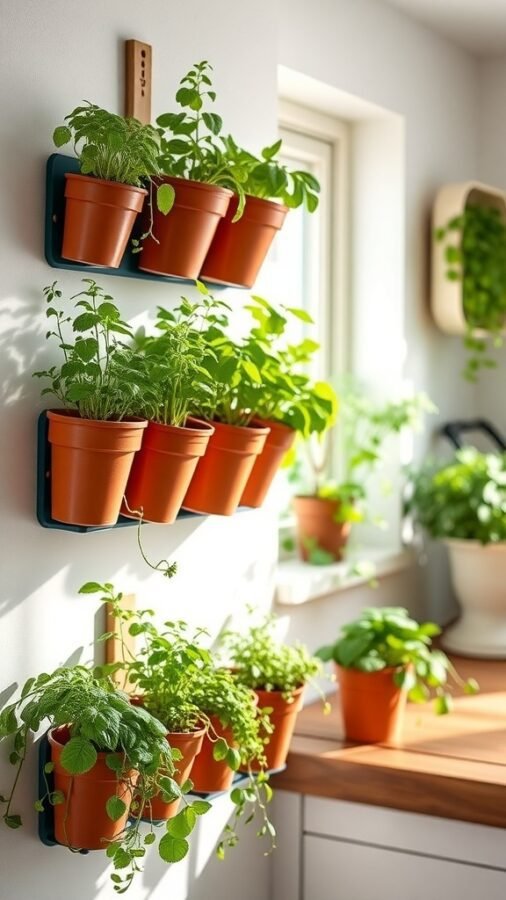 A wall-mounted herb garden with various herbs in small red pots arranged on a metal frame.