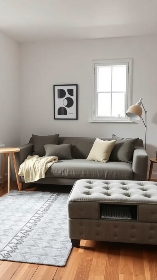 A small living room featuring a gray sofa, a tufted ottoman, and a wooden side table with a lamp.