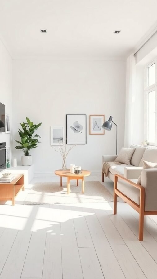 A minimalist Scandinavian living room with a light color palette, wooden furniture, and a green plant.