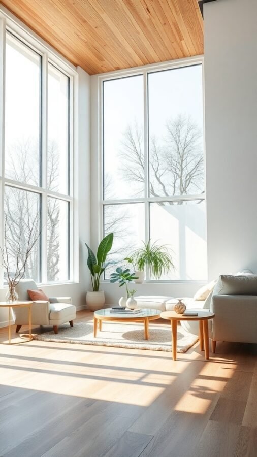 A bright Nordic living room with large windows, light wood ceiling, and plants.