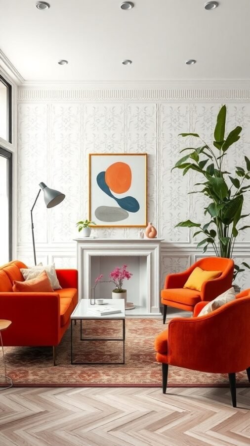 A bright living room featuring white wallpaper, orange furniture, and a modern art piece.