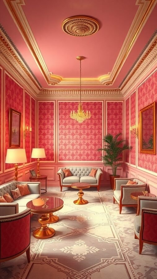 A beautifully decorated room with pink Art Deco wallpaper, elegant furniture, and a chandelier.