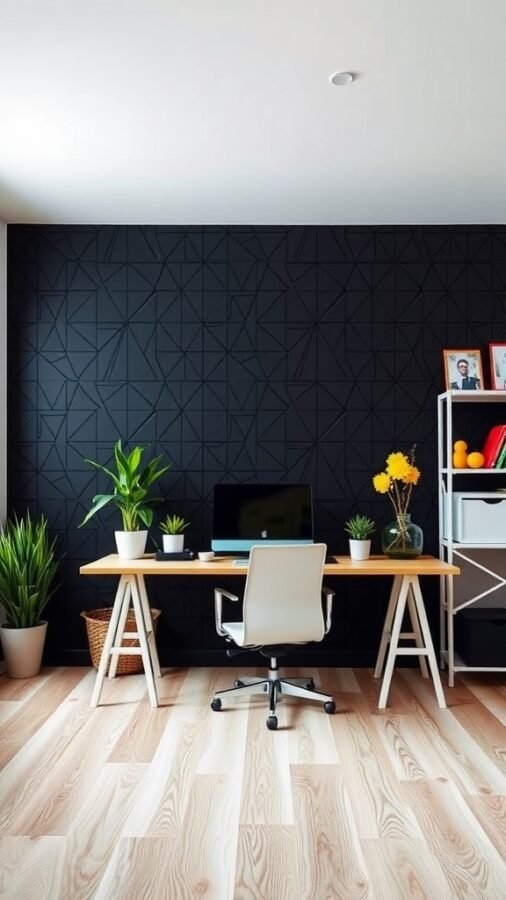 A modern workspace featuring geometric black wallpaper, a wooden desk, a white chair, and potted plants.