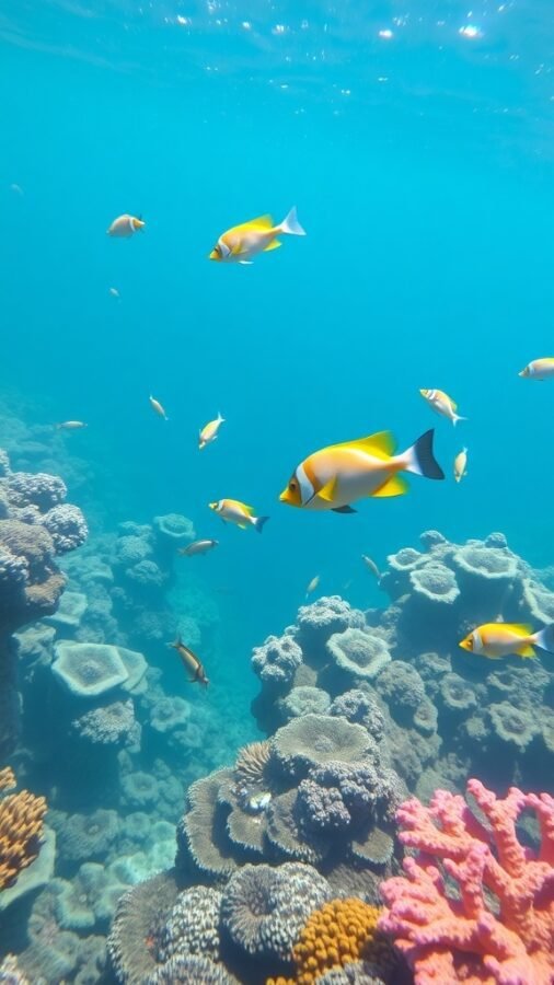 Underwater scene with colorful fish and coral formations