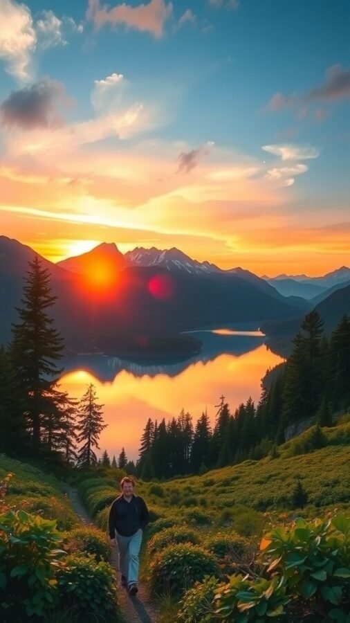 A person walking on a path surrounded by greenery, with mountains and a sunset in the background.