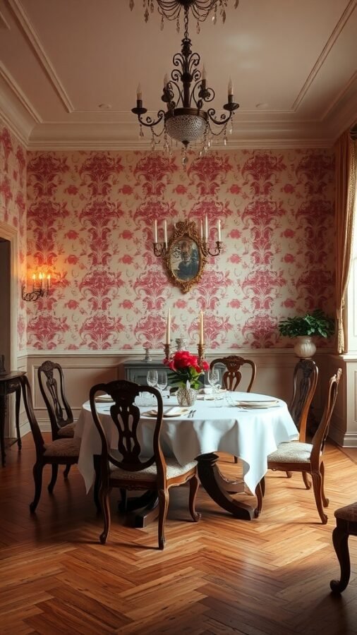 A dining room with vintage rose wallpaper, wooden furniture, and elegant decor.