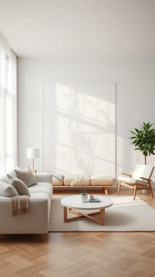 A minimalist living room with white wallpaper, natural light, and simple furniture.