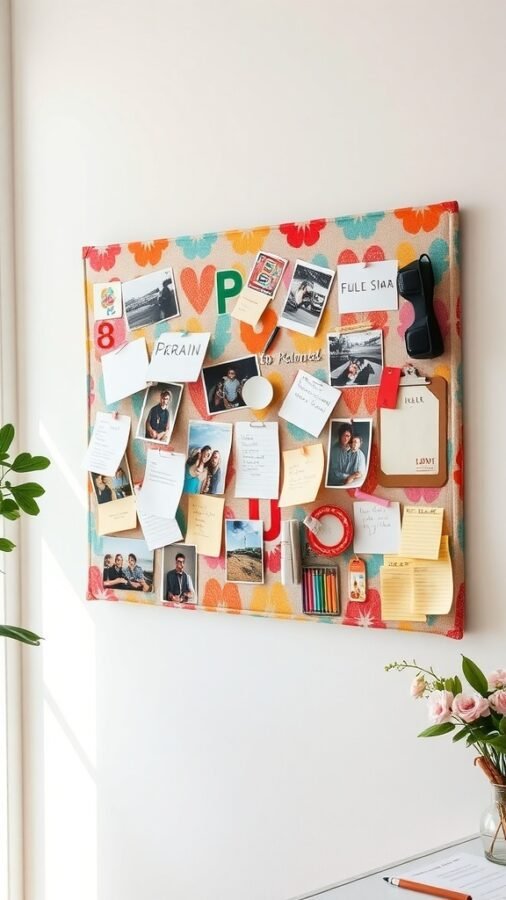 A colorful fabric-covered bulletin board with photos and notes pinned on it.