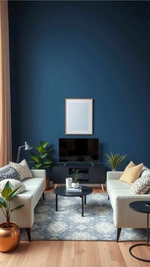 Living room with a bold blue accent wall, light sofas, plants, and a coffee table.