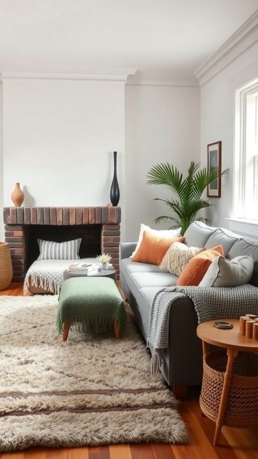 Cozy living room with layered textures, featuring a sofa with cushions, a knitted ottoman, a plush rug, and a brick fireplace.